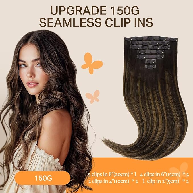 DOORES Clip in Hair Extensions Invisible Edge, Dark Brown to Chestnut Brown 20 Inch 150g 7pcs, Virgin Hair Extensions Straight Natural Weft