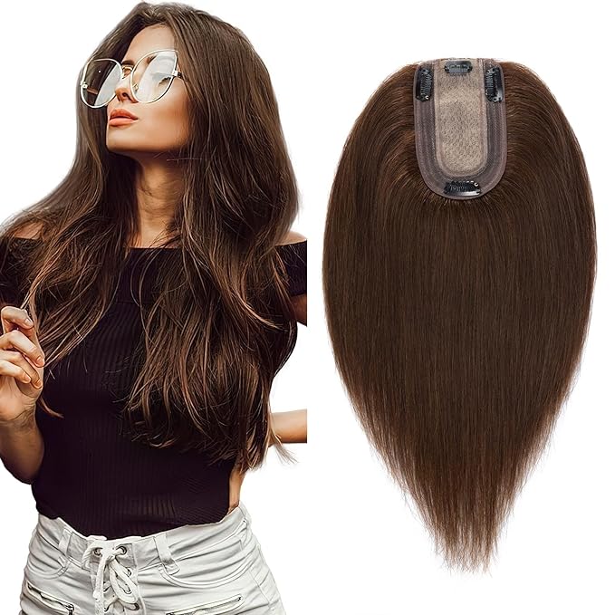 SEGO Hair Topper for Women, Real Human No Bangs Hair Topper with 4 Anti-Slip Clips (6 Inch #4 Medium Brown)
