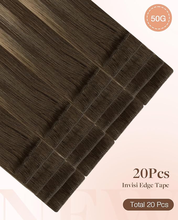 GOO GOO Invisi Edge Tape in Hair Extensions Human Hair, 4/27/4 Balayage Chocolate Brown to Caramel Blonde 20pcs 18inch 50g, Virgin Remy Hair, Seamless Injected Tape, Natural Look