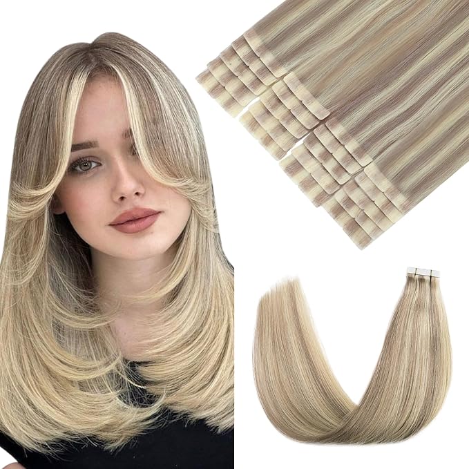 Pinkpearl Invisible Tape in Hair Extensions Human Hair, 20pcs 22inch 60g #18P60 Ash Blonde Highlighted Platinum Blonde Injection Tape in Extensions Real Remy Seamless Human Hair Injected