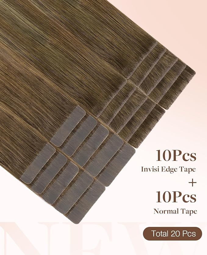 GOO GOO Invisi Edge Tape in Hair Extensions Human Hair, 3/8/613 Walnut Brown to Ash Brown and Bleach Blonde 10pcs injected with 10pcs classical tape ins, 12inch 40g, Virgin Remy Hair, Natural Look