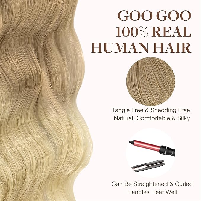 GOO GOO Tape in Hair Extensions Human Hair, O18G/22G Ombre Beige Blonde with Ash Highlights, 26inch 60g 20pcs, Skin Weft Seamless Invisible, Silky Straight with Thick Ends, Remy Human Hair