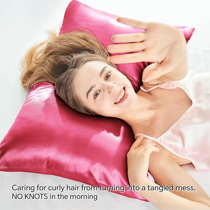 BEDELITE Satin Pillowcase with Zipper 2 Pack, Hot Pink Pillow Cases Standard Size, Super Soft and Cooling Similar to Silk Pillow Cases, Gift for Women Men(20x26 Inches)
