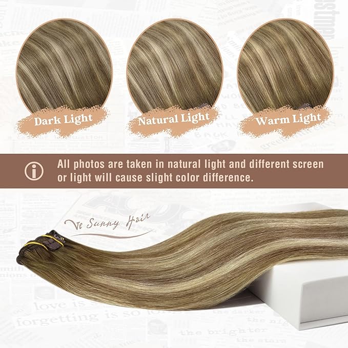 Ve Sunny Clip in Hair Extensions Brown Balayage Clip in Extensions Dark Brown Balayage Light Brown Mix Blonde Clip in Hair Extensions Real Human Hair for Women Natural Color 20inch 7pcs 120g