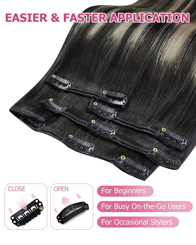 YoungSee 150G Clip in Human Hair Extensions Black Ombre Clip in Extensions Natural Black and Silver Balayage Clip in Hair Extensions Real Human Hair Easy to Wear 20Inch 7Pcs