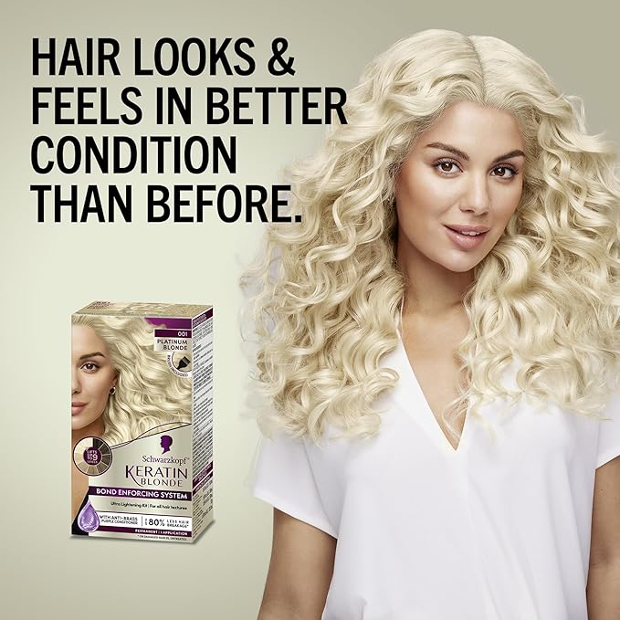 Schwarzkopf Keratin Blonde Hair Dye, 001 High Lift Platinum Blonde, Professional Quality Permanent Hair Color, Bond Enforcing System, Pre-Color Serum & Purple Conditioner Included