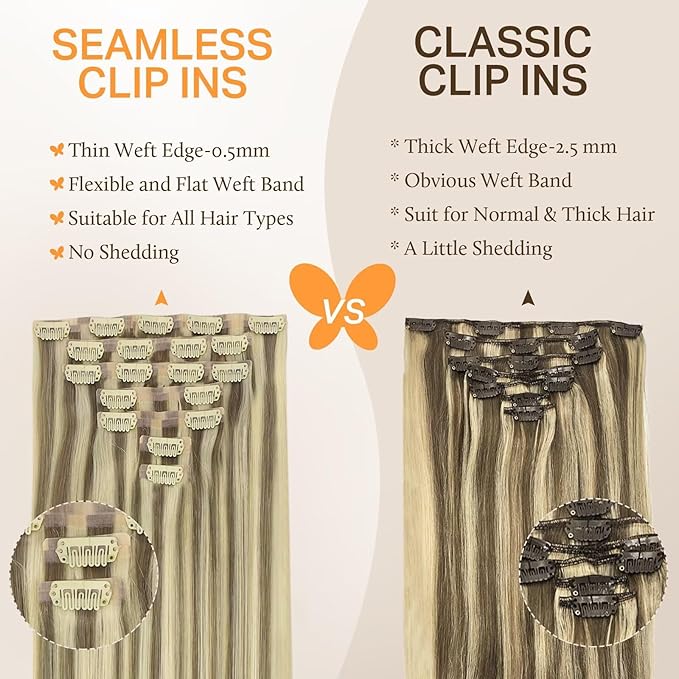 DOORES Seamless Clip in Hair Extensions, Light Brown Highlighted Medium Blonde 7pcs 110g 18 Inch, Human Hair Extensions Natural Remy Hair Extensions Straight Hair Invisi Edge Hair Extensions