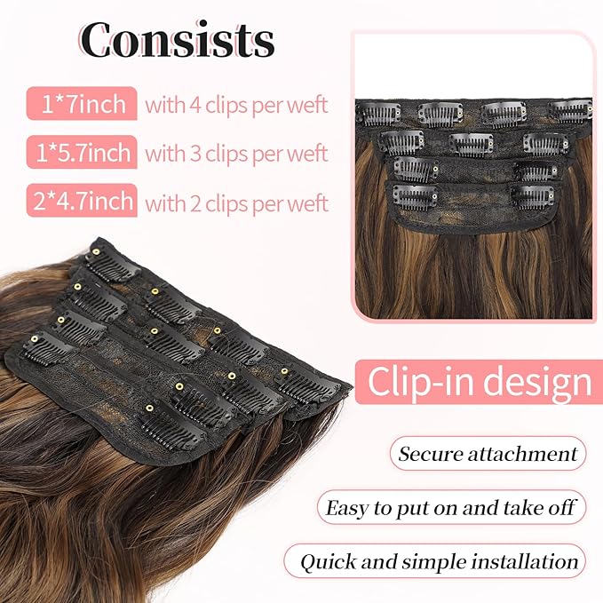KooKaStyle Clip in Long Wavy Synthetic Hair Extension 20 Inch 4PCS Balayage Dark Brown to Chestnut Hairpieces Fiber Thick Double Weft Hair Extension for Women