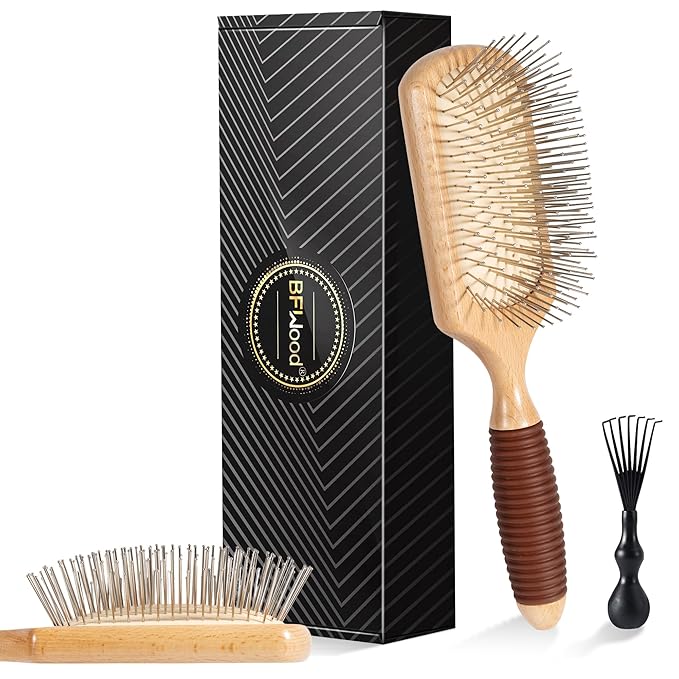 BFWood Paddle Hair Brush with Steel Bristles, Metal hair brush, Help Hair Growth and Massaging Scalp, Anti-frizz Metal Detangling Brush Styling Hairbrush