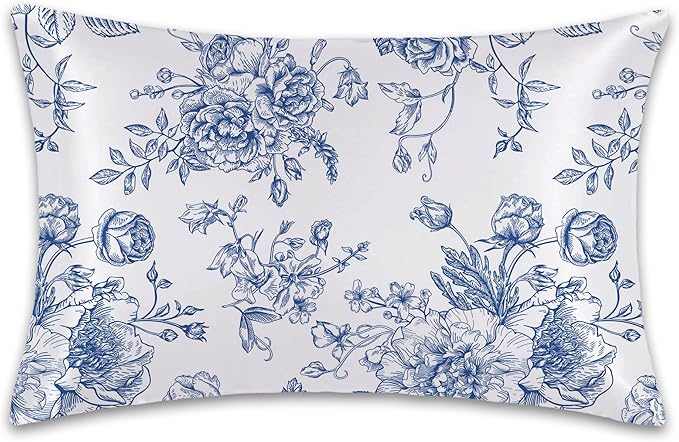Blue Flowers Peonies Roses Satin Pillow Case Queen Size,Soft Pillowcases for Hair and Skin Similar to Silk,Pillowcases with Hidden Zipper Bedding Accessories,20X30 Inches,1 Pack