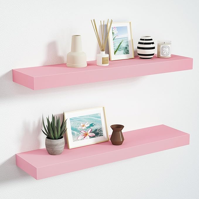 BAMEOS Pink Floating Shelves for Wall, 24" x 6" Wall Shelves for Room, Floating Book Shelves, Hanging Shelves for Bedroom, Bedroom, Living Room, Kitchen (Set of 2)