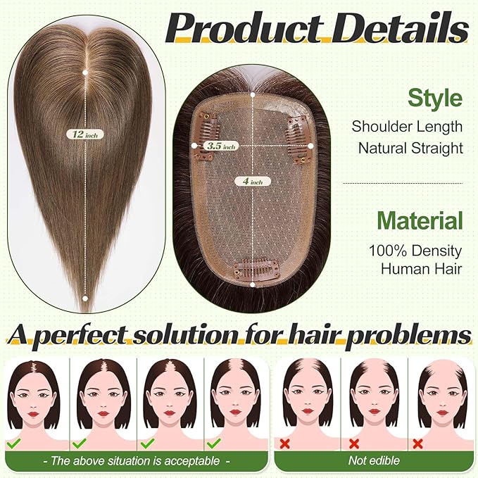starluck Human Hair Toppers for Women with Thinning Hair, 10 Inch Real Hair Topper, 5.5x3.5 Inch Silk-like Skin Base Hairpiece, With Bangs (Brown)