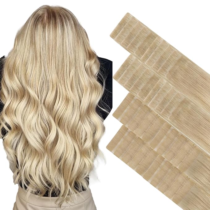 GOO GOO Invisi Edge Tape in Hair Extensions Human Hair, 18ET90A Natural Blonde Balayage 20pcs injected with 20pcs classical tape ins, 18inch 100g, Virgin Remy Hair, Natural Look
