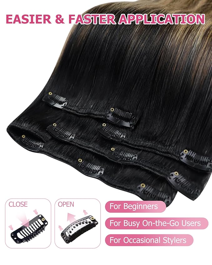 YoungSee 150G Balayage Clip in Hair Extensions Black Ombre Human Hair Clip in Extensions Natural Black Roots to Brown with Caramel Blonde Clip ins Extensions Real Human Hair 7Pcs 20Inch