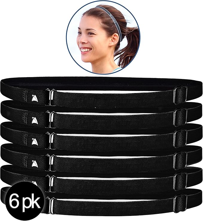 Adjustable Skinny Headbands, Elastic Hair Bands with Non Slip Silicone Grip, Lightweight and Comfortable for Women and Men (Pack of 6)