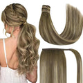 Ve Sunny Hair Extensions Ponytail Real Human Hair 80G Wrap Around Clip in Ponytail Hair Extensions Straight Extensions Human Hair for Women Walnut Brown Ombre Light Brown Balayage Blonde 14inch