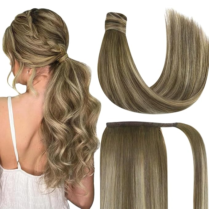 Ve Sunny Ponytail Extension Human Hair for Women Clip in Ponytail Hair Extension Straight Hair Pieces Wrap Around Around Darker Brown Fading To Ash Brown Mix Light Blonde Balayage 22inch 80G
