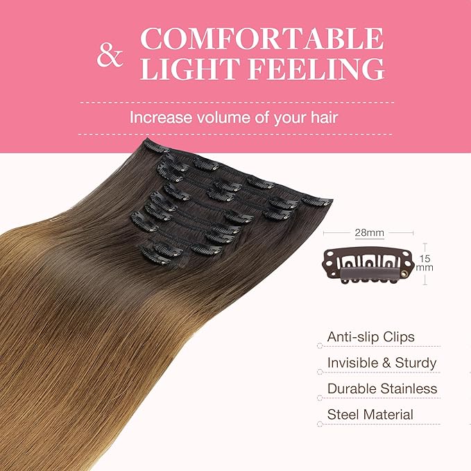 GOO GOO Clip in Hair Extensions Real Human Hair, Remy Human Hair Extensions Clip ins for Women, Natural Human Hair, 18inch 150g 9Pcs, 1D/2C/4E Chocolate Dip Color Melt