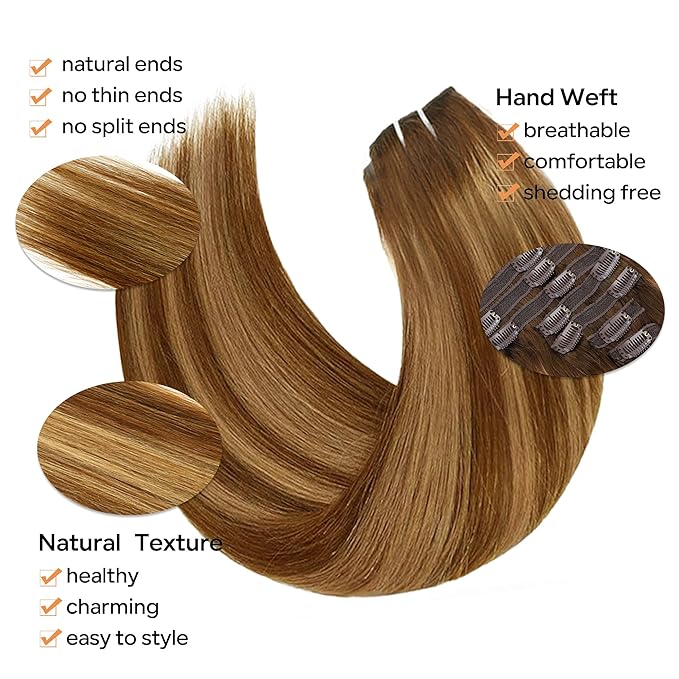 Straight Clip In Hair Extensions Real Human Hair 8Pcs Clip In Balayage Chocolate Brown to Caramel Blonde Human Hair Extensions with 18Clips Lace Weft 120g 20inch