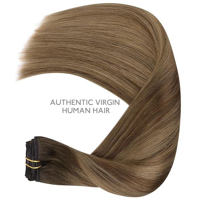 WENNALIFE Clip in Hair Extensions - Real Human Hair, 16 Inch 120g 7pcs, Light Ash Brown to Warm Chocolate Highlighted Caramel Blonde