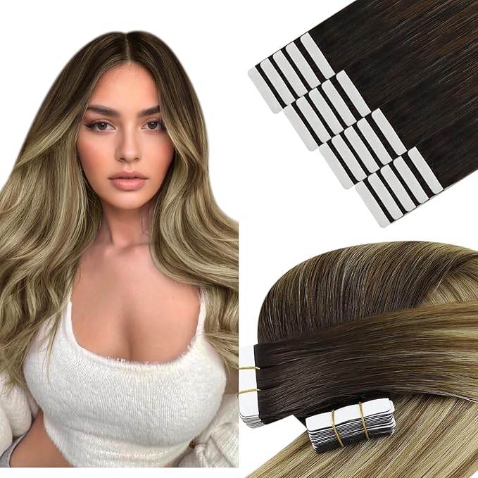 YoungSee Invisible Tape in Hair Extensions Balayage Human Hair Tape in Extensions Ombre Seamless Tape-in Extension Real Human Hair Brown Balayage with Blonde Human Hair Extension Tapein 24 Inch 20pcs
