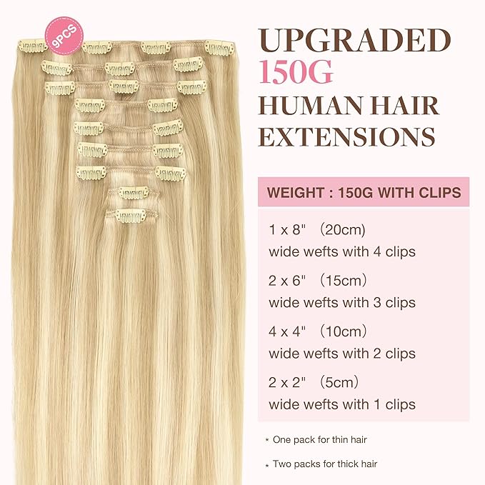 GOO GOO Clip in Hair Extensions Real Human Hair, Remy Human Hair Extensions Clip ins for Women, Natural Human Hair, 24inch 150g 9Pcs, #18A/613A Dark Blonde Highlighted Bleach Blonde