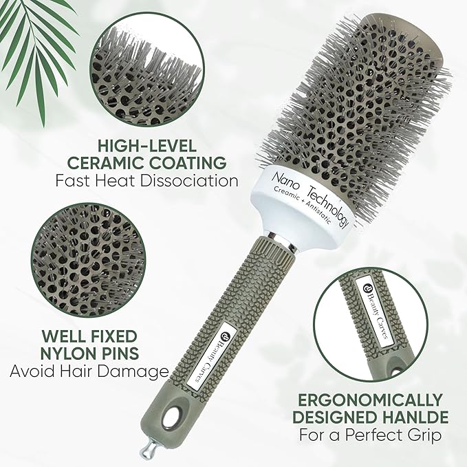 Round Brush for Blow Drying, 53mm / 2.1 Inch Large Barrel with 2 Clips – Nano Ionic Thermal Ceramic Round Hair Brush for Volume, Big Curls & Smooth Styling Heat Resistant Nylon Bristles