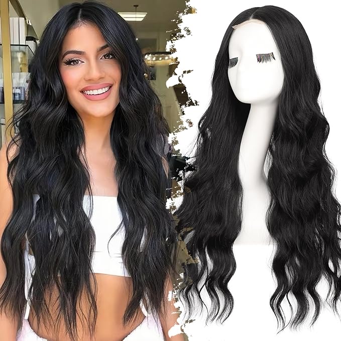 Black Wig for Women Long Wavy 4x1 Lace Natural Hairline Glueless for Beginners Middle Part Synthetic for Daily Party Use 30Inch