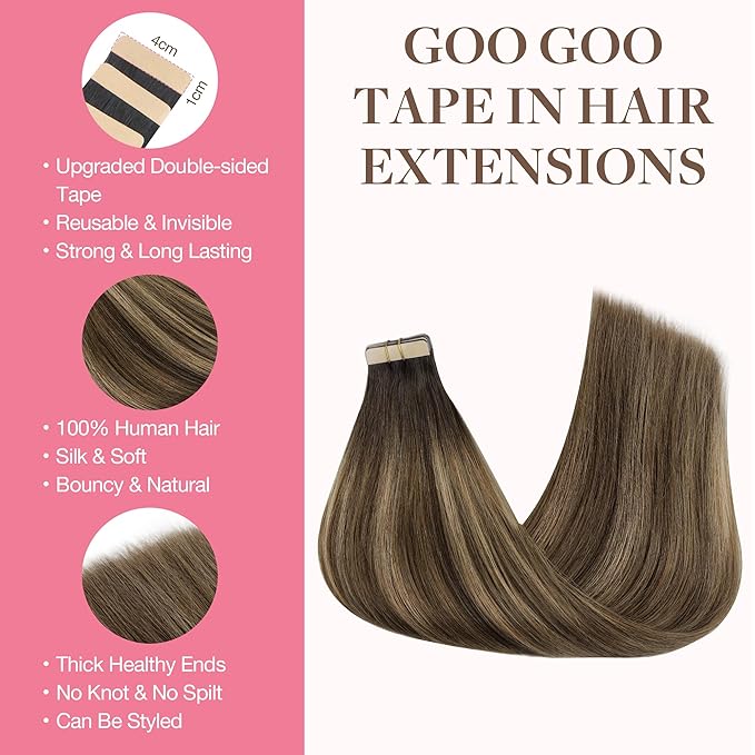 GOO GOO Tape in Hair Extensions Human Hair, 4D/14/5B Brunette Balayage, 24inch 50g 20pcs, Skin Weft Seamless Invisible, Silky Straight with Thick Ends, Remy Human Hair