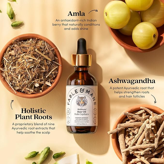 Fable and Mane Hair Oil - HoliRoots Strengthening Serum for Damaged, Frizzy Hair with Ashwagandha, Castor Oil & Scalp Treatment - 1.8FL oz