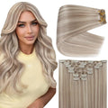 Full Shine Ash Blonde Clip in Hair Extensions Highlighted Blonde Hair Extensions Clip in for Women Thick Remy Hair 16 Inch 7 Pcs 135 G