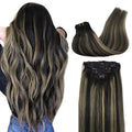 GOO GOO Clip in Hair Extensions Real Human Hair, Remy Human Hair Extensions Clip ins for Women, Natural Human Hair, 14inch 120g 7Pcs, 1B/16/1B Balayage Natural Black to Light Blonde