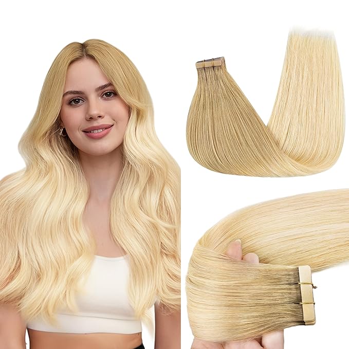 GOO GOO Tape in Hair Extensions Human Hair, O7/60F Ombre Ash Blonde with Frosted Highlights, 18inch 50g 20pcs, Skin Weft Seamless Invisible, Silky Straight with Thick Ends, Remy Human Hair