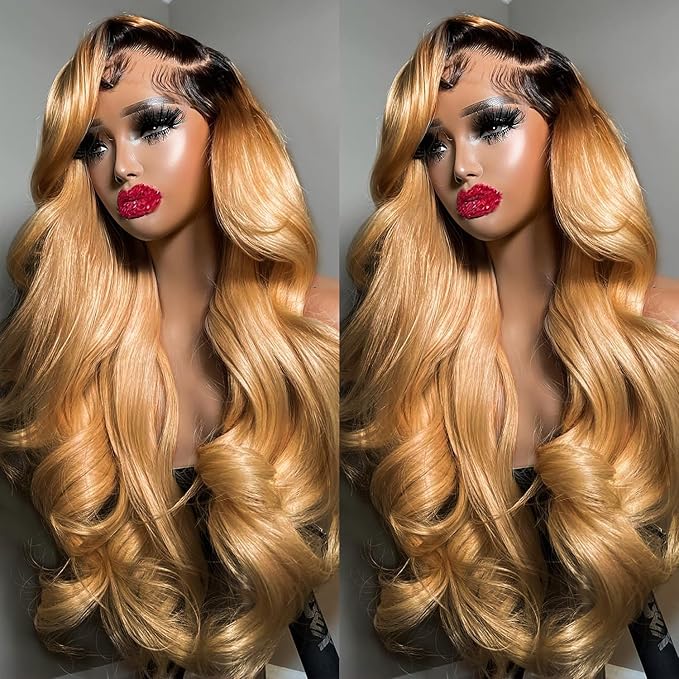 Honey Blonde Lace Front Wigs Human Hair 13x6 Ombre HD Transparent Lace Frontal Wig 12A Body Wave 1B/27 Highlight Lace Front Wigs Human Hair Wigs for Women Pre Plucked with Baby Hair 22inch