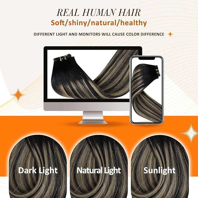 Full Shine Seamless Human Hair Clip in Extensions Black Hair Extensions Clip in Ombre Natural Black to Medium Brown and Blonde for Short Hair 12 Inch 80 G 8 PCS