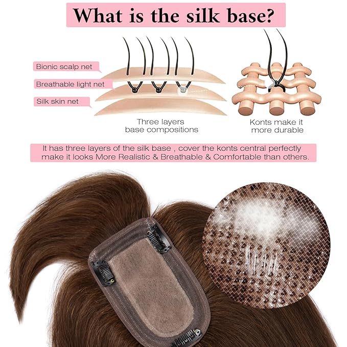 SEGO 100% Real Human Hair Toppers, with Air Bangs, Silk Base 150% Density, Clip in Topper, 2.7”x5.1”, HairPieces for Women, with Thinning/Hair Loss Cover Gray