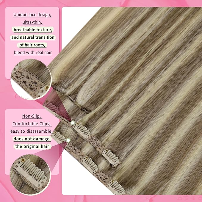 YoungSee Highlights Clip in Hair Extensions Human Hair Brown Highlight Clip in Extensions Light Brown with Blonde Real Hair Extensions Clip in Human Hair Easy to Wear 7Pcs 120G 20Inch