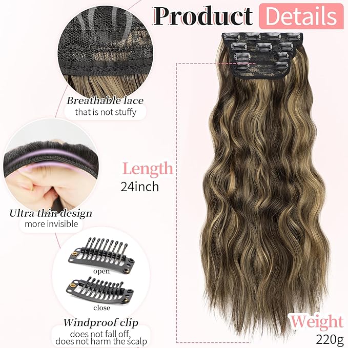 KooKaStyle Clip in Synthetic Hair Extensions Long Wavy 4PCS Thick Hairpieces Brown mix Sandy Blonde Fiber Double Weft Natural Hair Extensions 20 Inch for Women