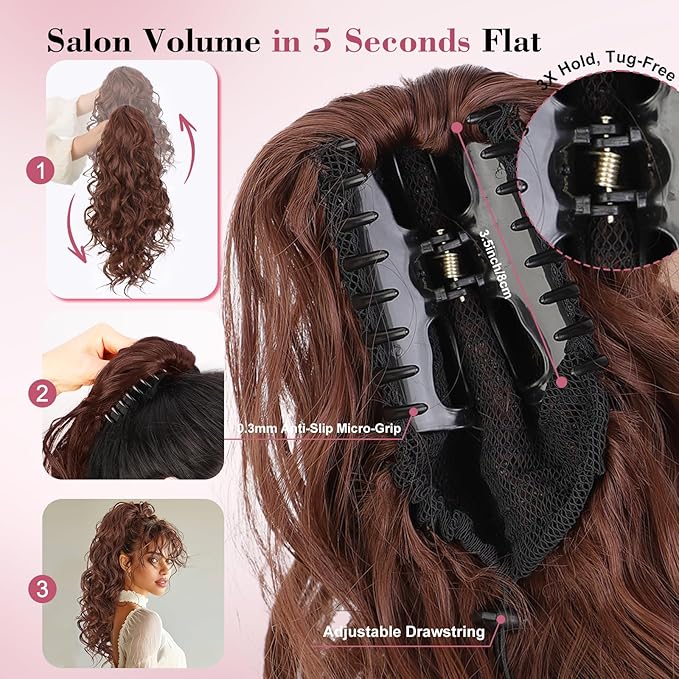QGZ 20" Wavy Ponytail Extension, Claw Clip Ponytail Hair Extension, Natural Synthetic Hairpiece for Women Daily Use(Auburn)