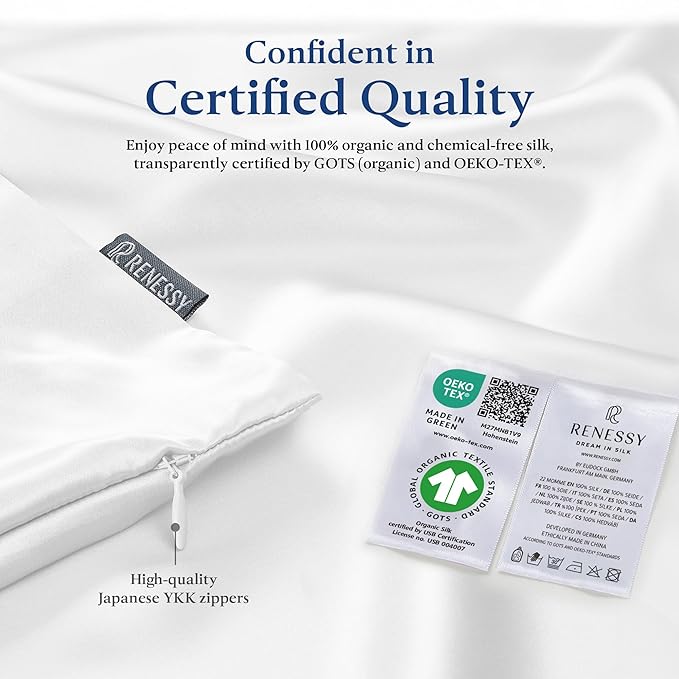 Premium Silk Pillowcase 100% Organic Mulberry Silk, 22 Momme, Grade 6A - Oeko-Tex Certified in Germany - Luxury for Hair & Skin, 1 Piece (King Size 20x36 Inches, Champagne)