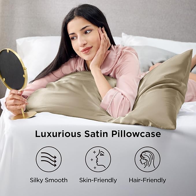Bedsure Satin Pillowcase 2 Pack Similar to Silk Pillow Cases Standard Size, Pillow Case for Sleeping Women with Envelope Closure, Gifts for Women Men, Khaki, 20x26 Inches, 2pcs