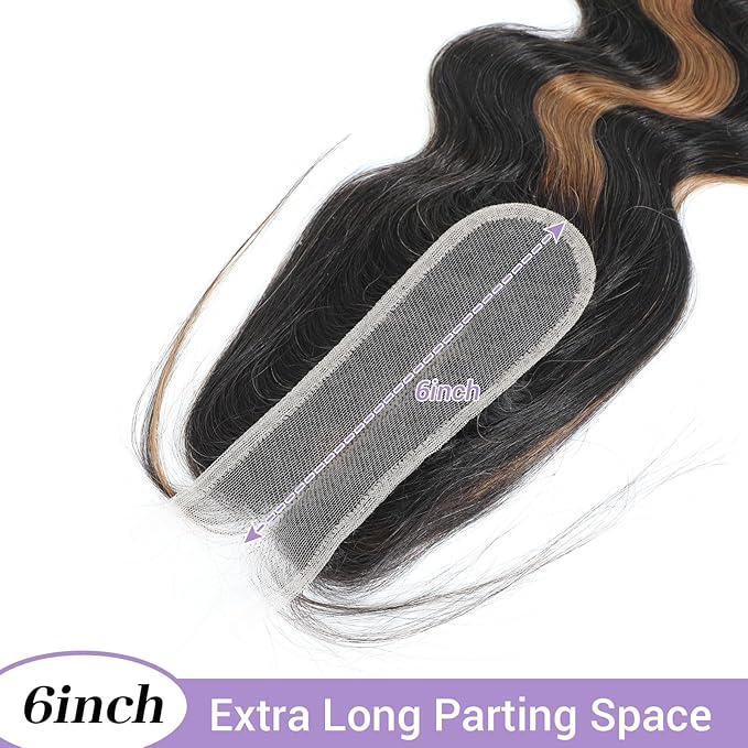 P1B/30 2x6 HD Lace Closure Body Wave Human Hair Highlight Brown Black Color Transparent Lace Closure 2x6 Long Deep Middle Part 100% Raw Virgin Human Hair 22 Inch 150% Density