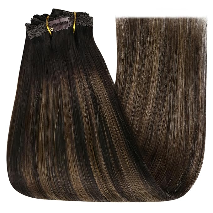 YoungSee Balayage Clip in Hair Extensions Dark Brown Real Hair Extensions Clip in Human Hair Dark Roots to Medium Brown Balayage Human Hair Extension Clip ins for Thin Hair 20In 120G