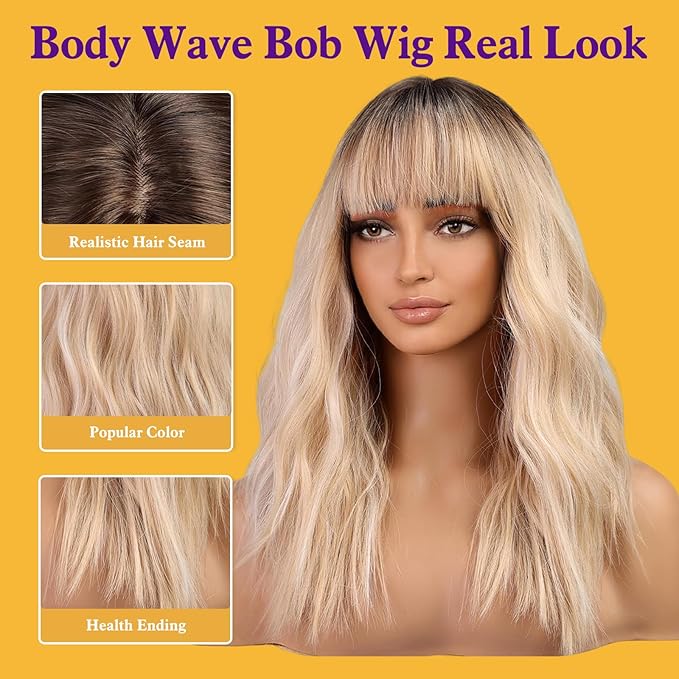 Ombre Blonde Wig with Bangs,Blonde Highlight Wavy Wigs for Women,Shoulder Length Curly Synthetic Hair Wig for Party Daily Use 18IN…