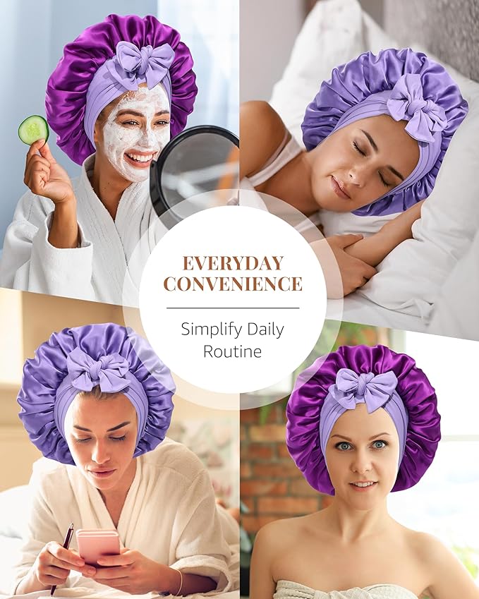 AWAYTR Silk Bonnet for Sleeping Women 100% Mulberry Silk Bonnet with Band 2 Layer Reversible Hair Bonnet Sleeping Hair Wrap (Purple/Violet)