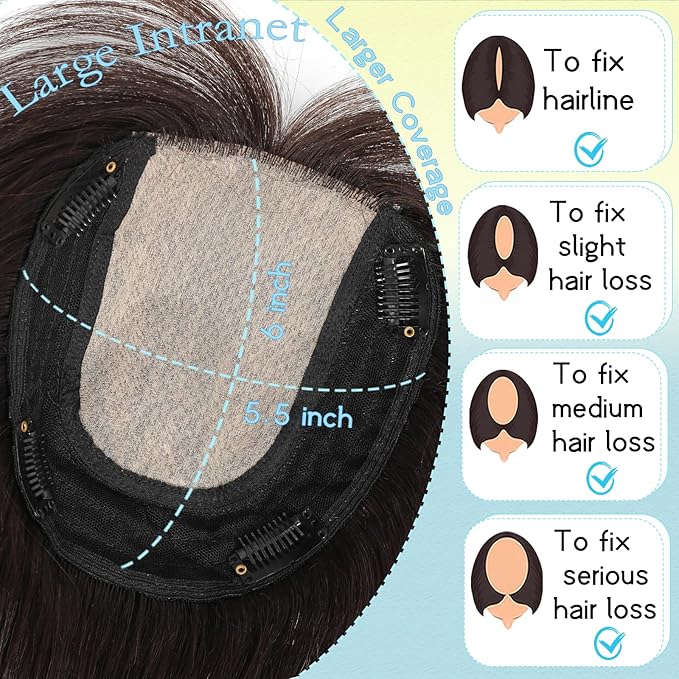 Hair Toppers for Women Real Human Hair, 360° 3D Toppers Hairpieces for Women with Thinning Crown Wispy Clip in Bangs 12 Inch Upgrade Big Base (Dark Brown, 12 Inch Wispy Bangs)