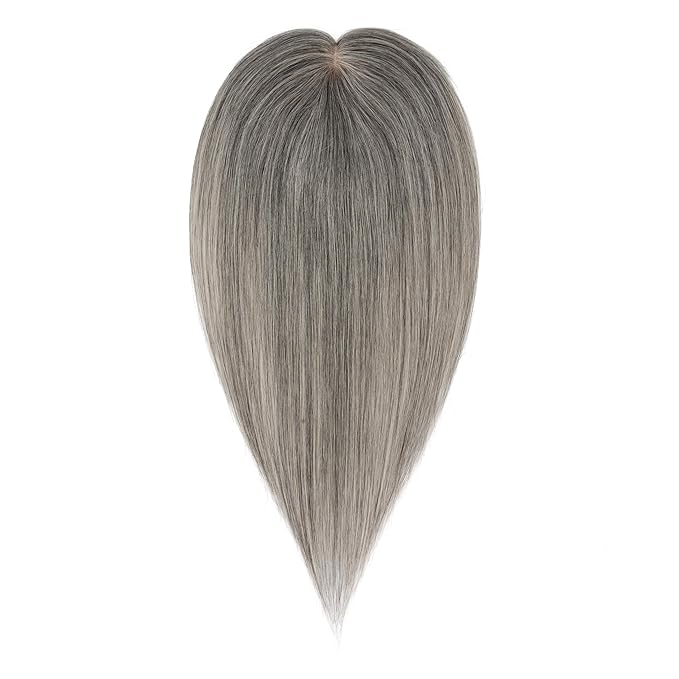 Hairro Human Hair Toppers Free Parted, 3.5x4.7" Base Hand-wovened 100% Real Hairpieces, with Invisible Clips-in for Women, for High Hairline/Adding Volume on Top, 12 Inch Dark Grey Mix Silver