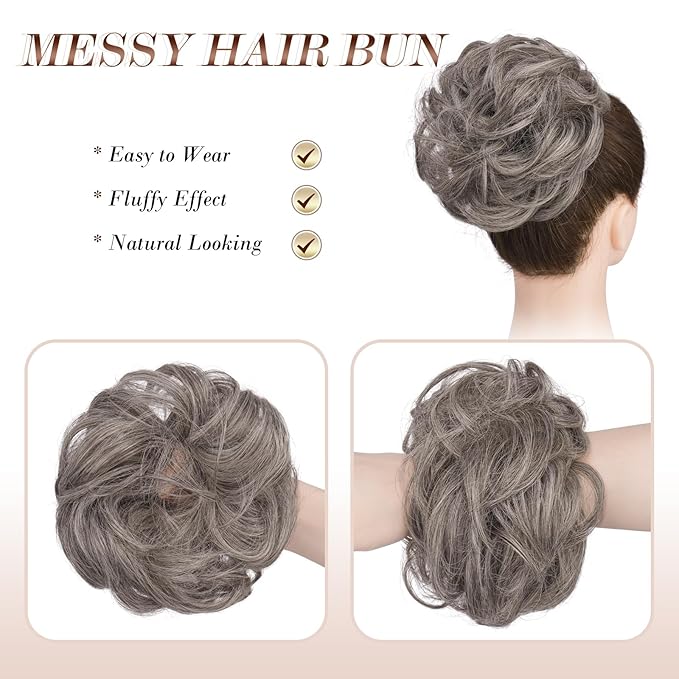 FESHFEN Messy Bun Hair Piece - Elastic Wavy Curly Hair Bun Scrunchies Extensions Synthetic Chignon Hairpieces for Women Girls, Salt and Pepper 1.5 oz