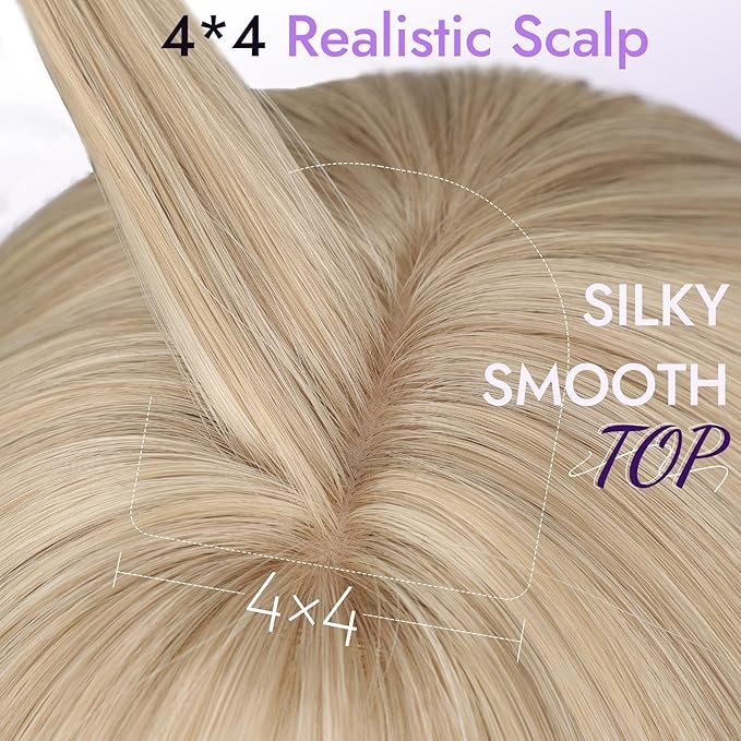 Wig with Bangs for Women Blonde Straight Face-Framing Layers Hairstyle 4x4 Realistic Scalp Glueless Synthetic Wigs Medium Length for Everyday Use