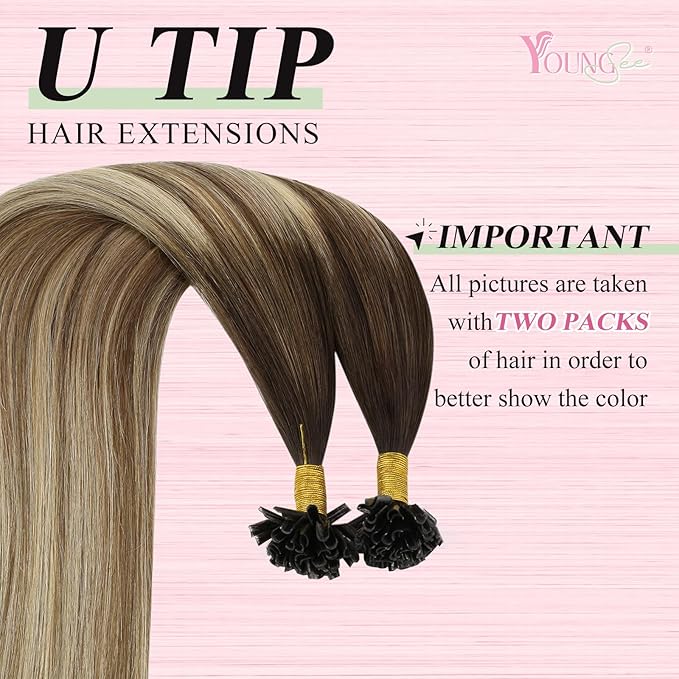 YoungSee Utip Hair Extensions Balayage U Tip Hair Extensions Real Human Hair Ombre Dark Brown to Brown with Blonde Silky Straight 16In 50s/50g